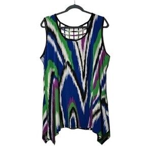 Cato Blue/Green/Purple/Black Print Sleeveless Lattice Back Tunic Top Size 18/20W